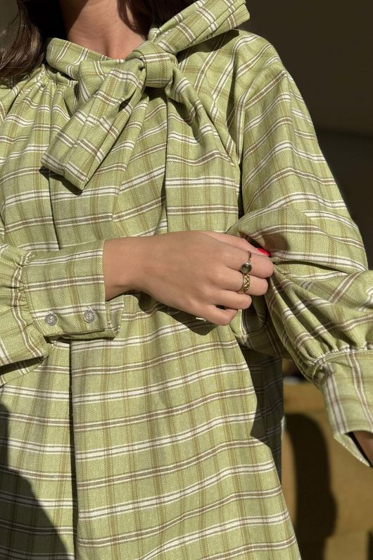 Ophelia Plaid Tie Neck Blouse Soft Lime